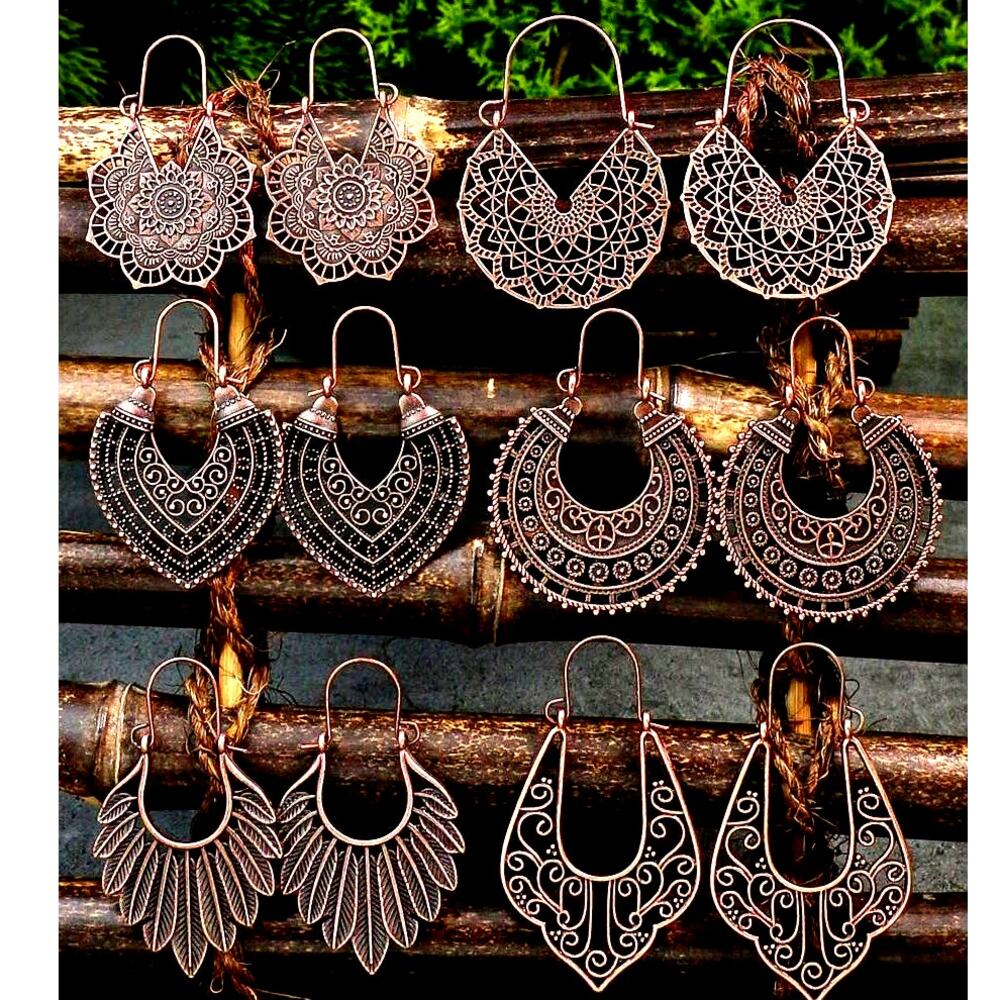6 Pairs New Native Boho Aztec Bronze Patina Earrings Hoop Tribal Ornate Rustic